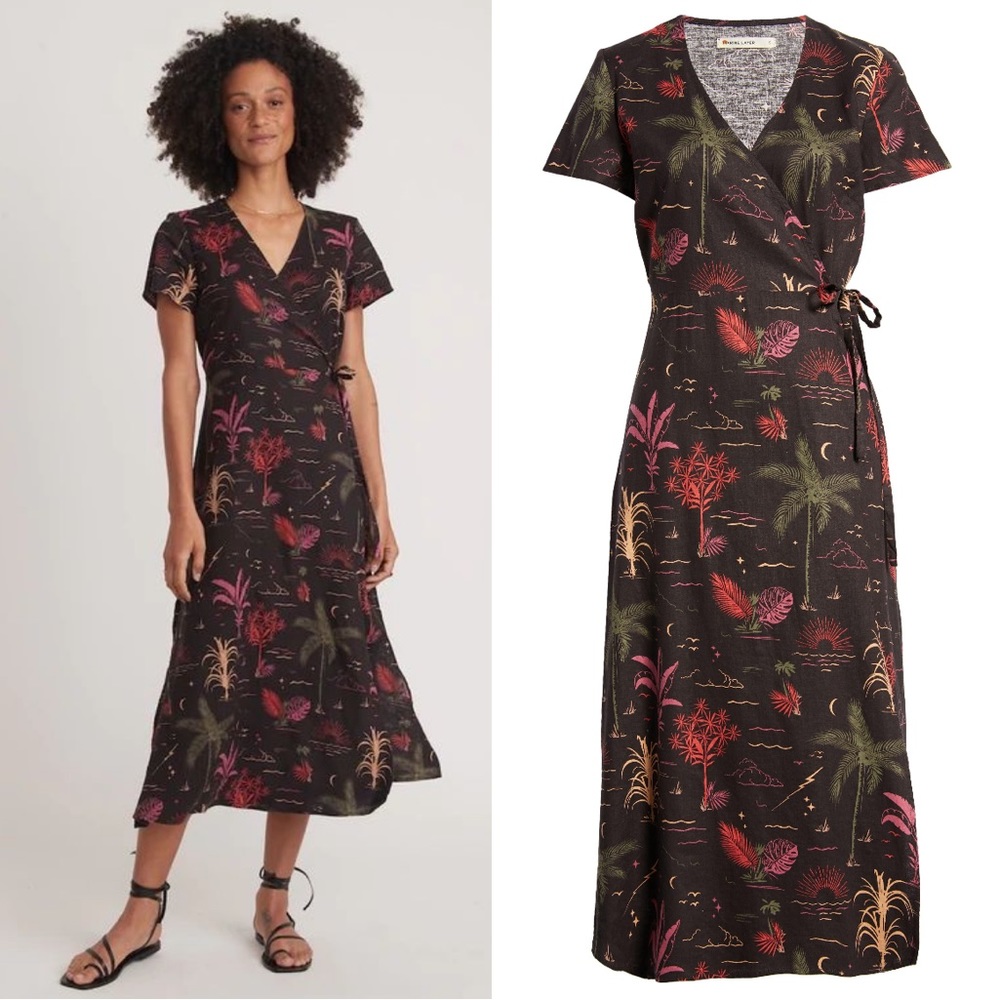 Women's Black Tropical Print Wrap Dress